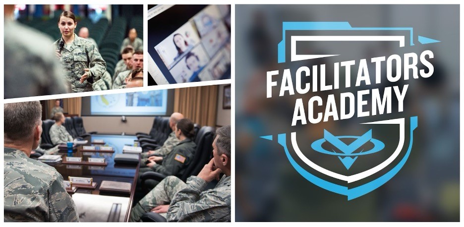 Collage of military personnel in a training session with a "Facilitators Academy" logo, highlighting an FFIT Facilitated Workshop at Laughlin Air Force Base.